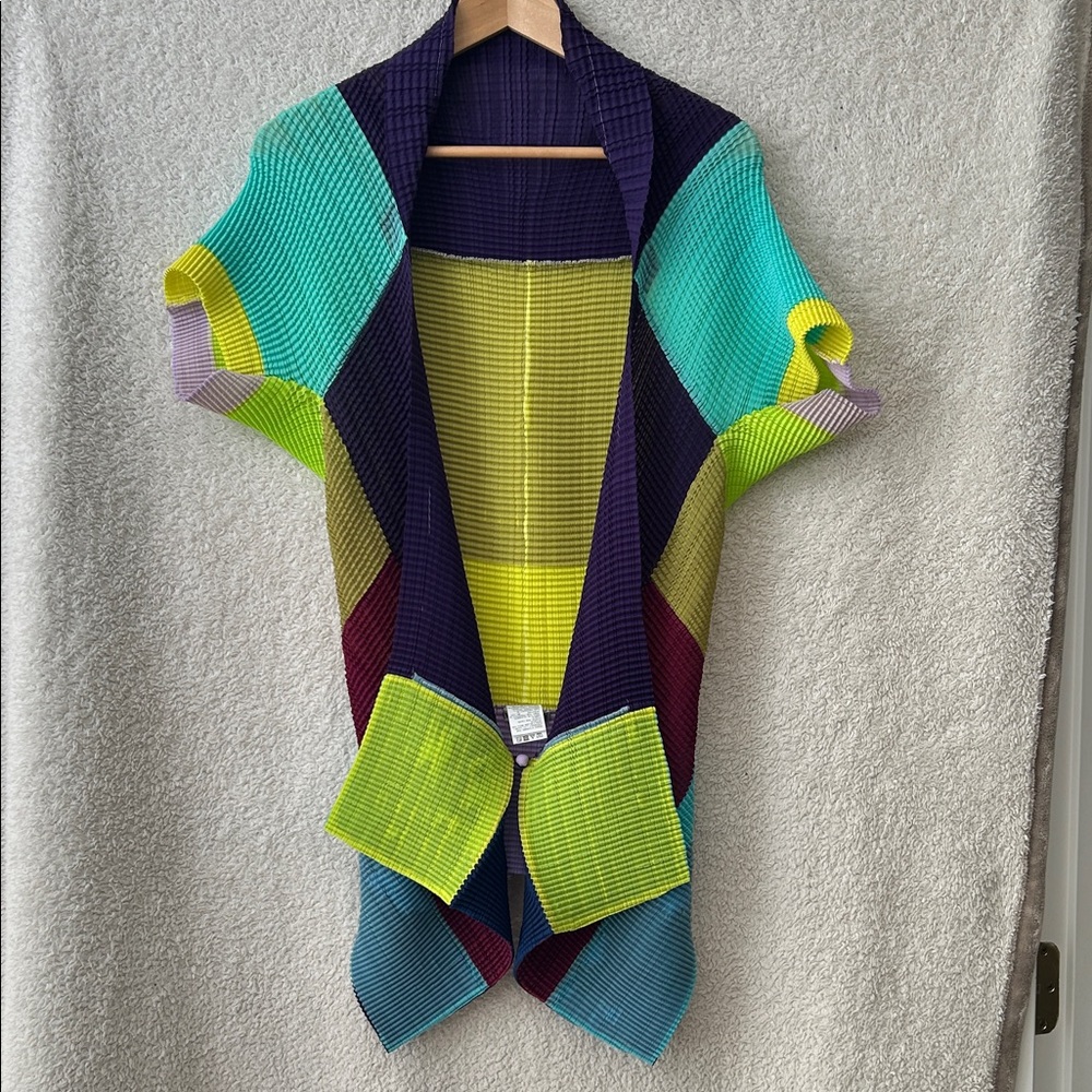 Issey Miyake Colorblock Waffle Knit Open-Front Cardigan in Lime, Teal & Purple